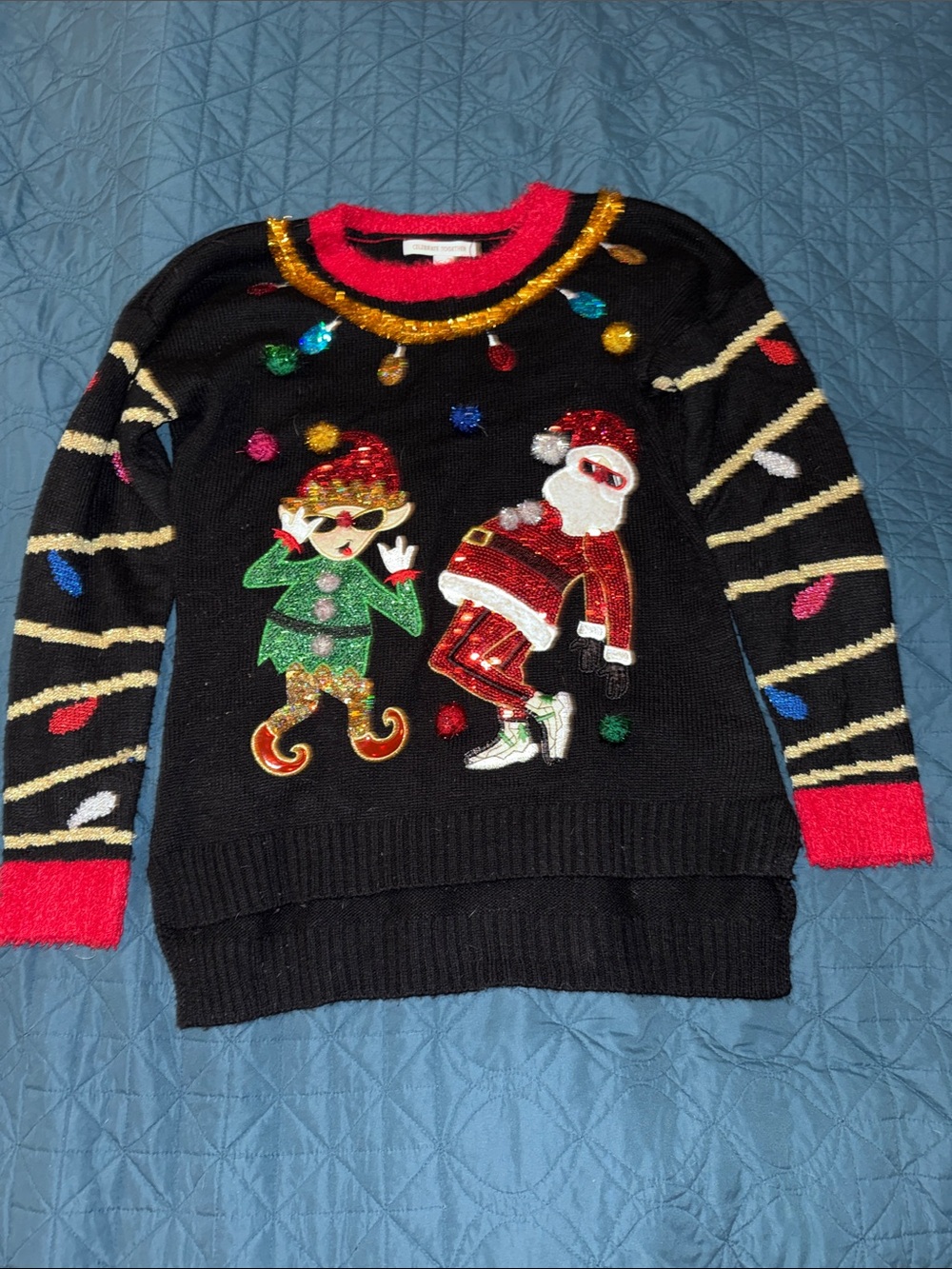 Festive Black Sequin Santa & Elf Ugly Christmas Sweater